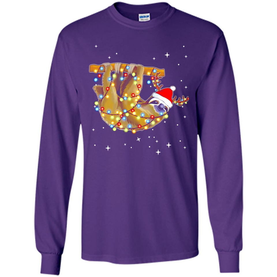 Christmas Lights Sloth Wearing Santa Hat Funny Xmas - Long Sleeve T-Shirt