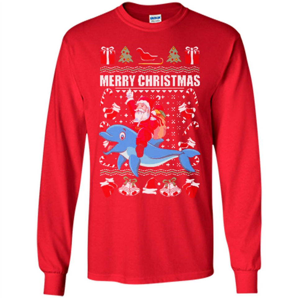 Ugly Christmas Santa Riding Dolphin - Long Sleeve T-Shirt