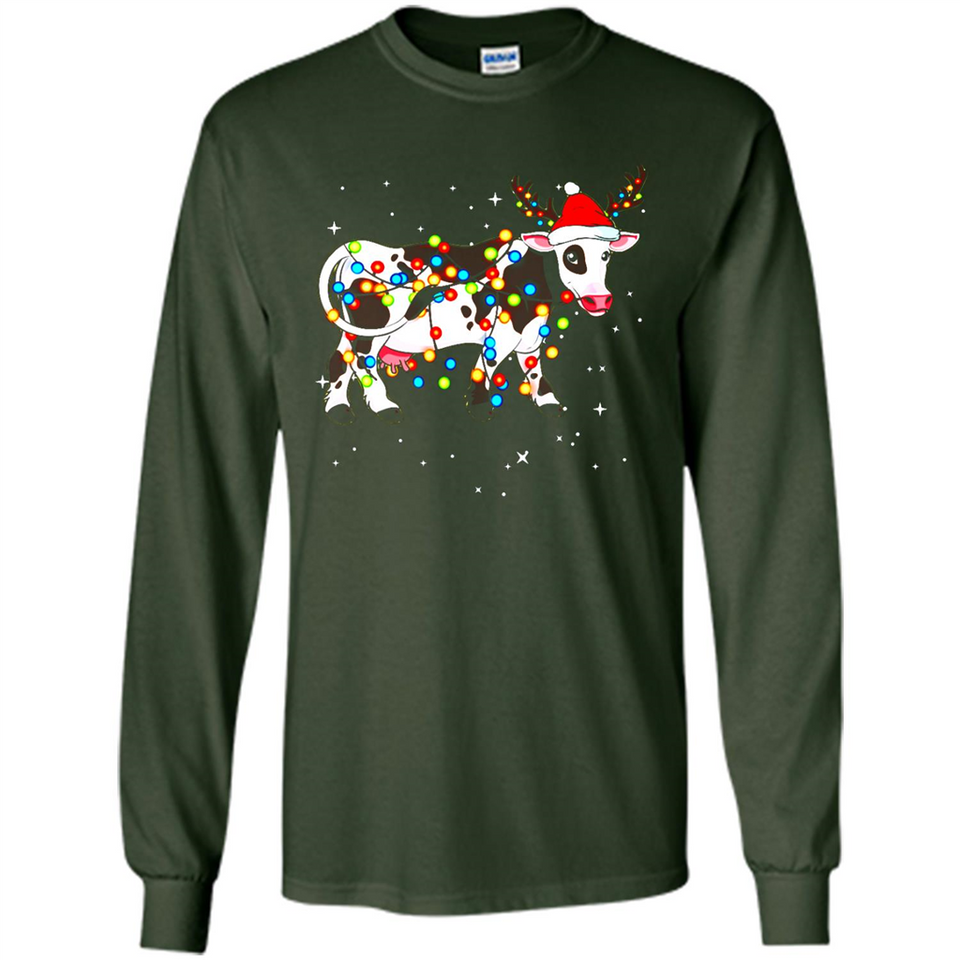 Christmas Lights Cow Wearing Santa Hat Funny Xmas Sweatshirt - Long Sleeve T-Shirt