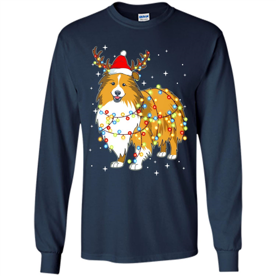 Christmas Lights Shetland Sheepdog Wearing Santa Hat Funny Xmas - Long Sleeve T-Shirt