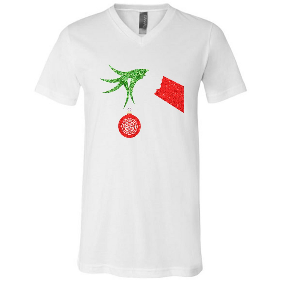 Funny Grinch Hand holding Firefighter ornament Christmas Sporty T-Shirt - Canvas Unisex V-Neck