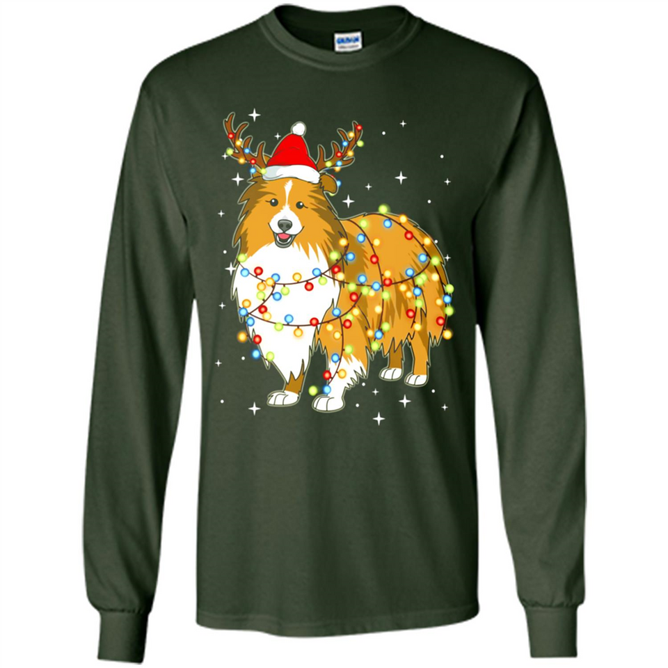 Christmas Lights Shetland Sheepdog Wearing Santa Hat Funny Xmas - Long Sleeve T-Shirt