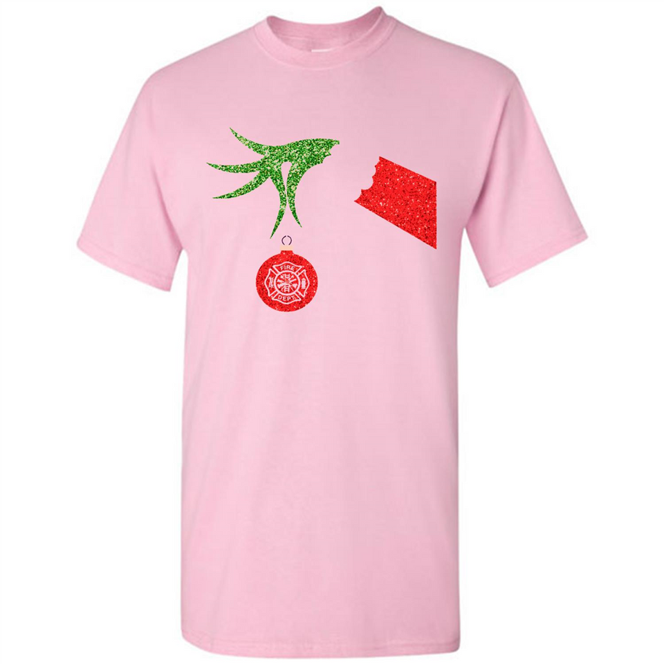Funny Grinch Hand holding Firefighter ornament Christmas Sporty T-Shirt - Shirt