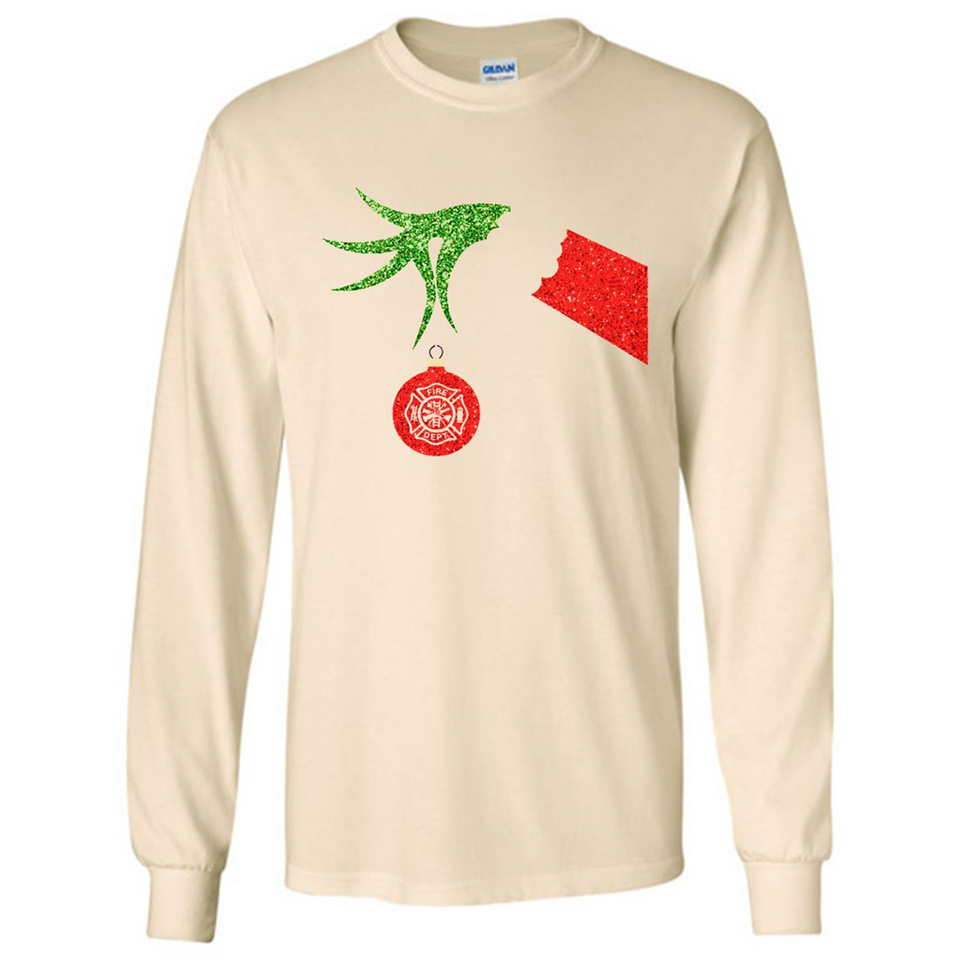 Funny Grinch Hand holding Firefighter ornament Christmas Sporty T-Shirt - Long Sleeve T-Shirt