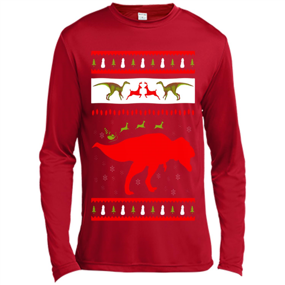 Dinosaur and Santa Clause Ugly Christmas Sweater - Canvas Long Sleeve T-Shirt