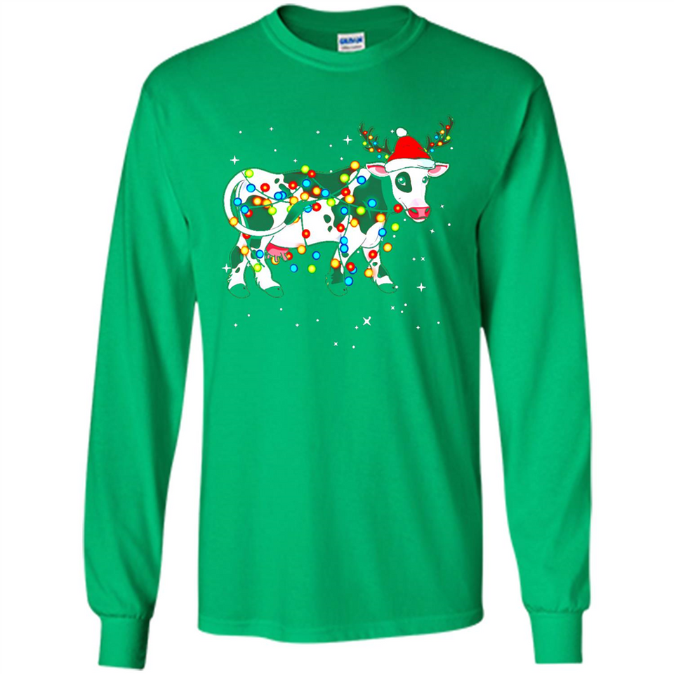 Christmas Lights Cow Wearing Santa Hat Funny Xmas Sweatshirt - Long Sleeve T-Shirt