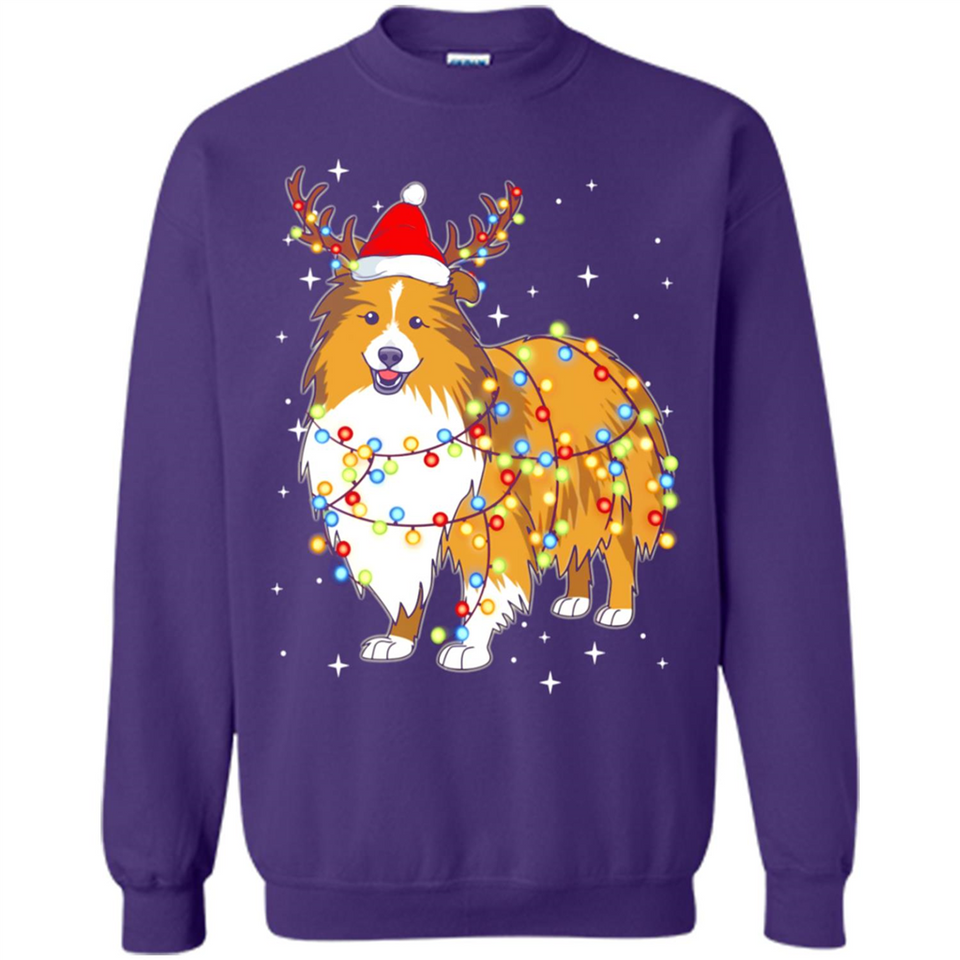 Christmas Lights Shetland Sheepdog Wearing Santa Hat Funny Xmas - Sweatshirt
