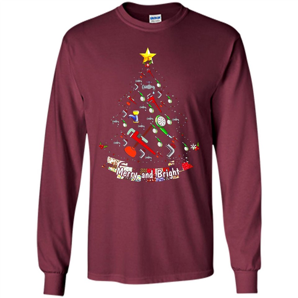Merry And Bright Plumber Christmas Tree Shirt PINGPONG - Long Sleeve T-Shirt
