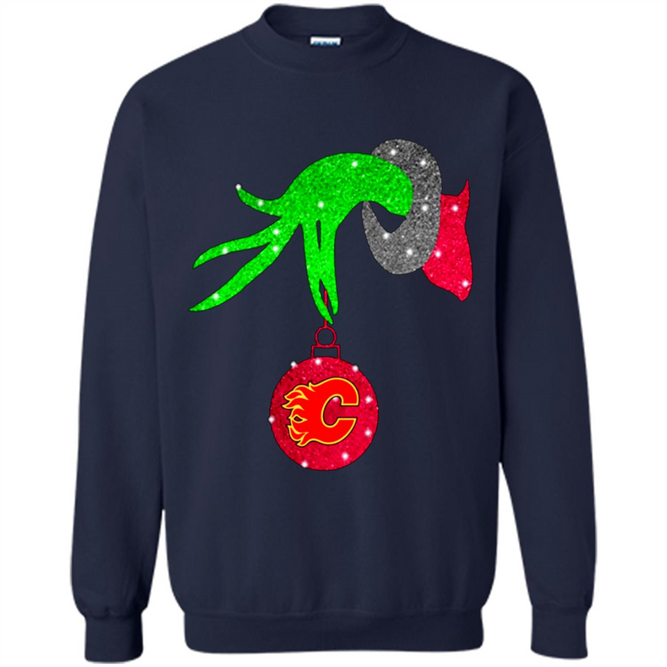 GRINCH HAND HOLDING CALGARY FLAMES GLITTER CHRISTMAS PINGPONG