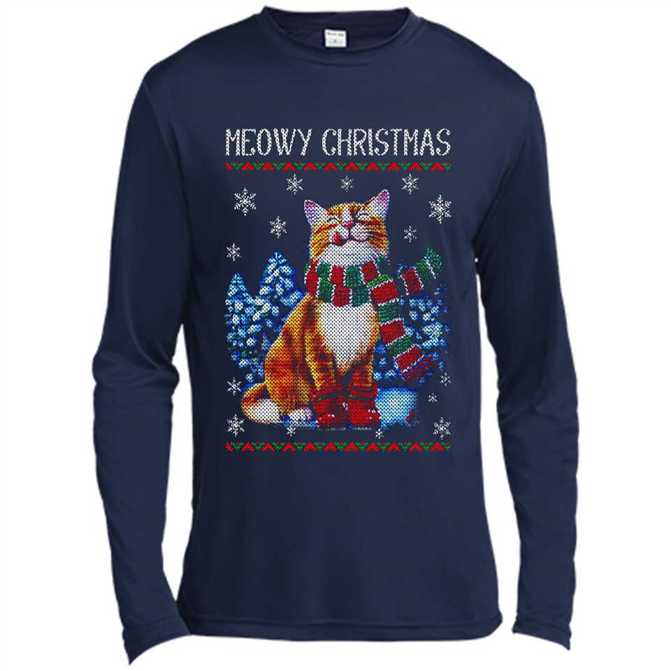 Christmas Ugly Sweater Cat With Christmas Meowy Chritstmas - Canvas Long Sleeve T-Shirt