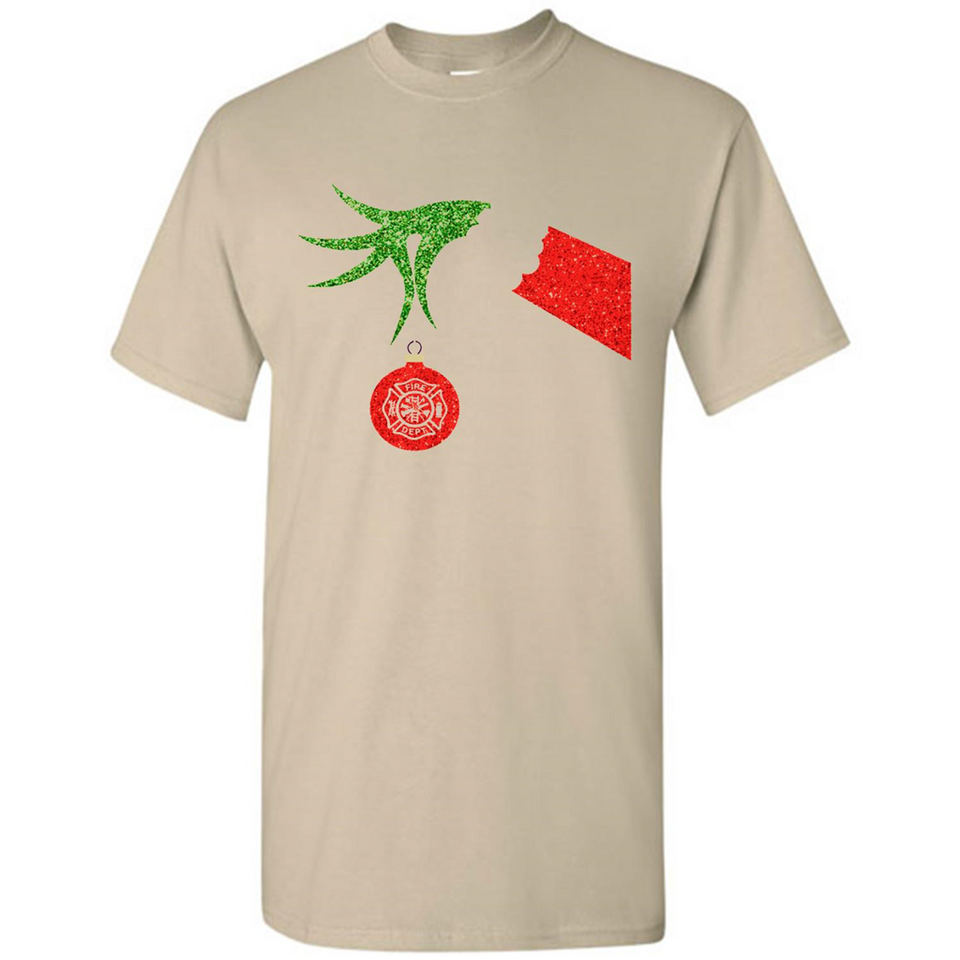 Funny Grinch Hand holding Firefighter ornament Christmas Sporty T-Shirt - Shirt