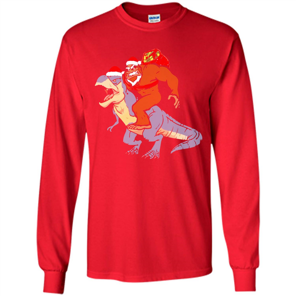 Bigfoot Riding Dinosaurus T-Shirt Funny Bigfoot Santa - Long Sleeve T-Shirt