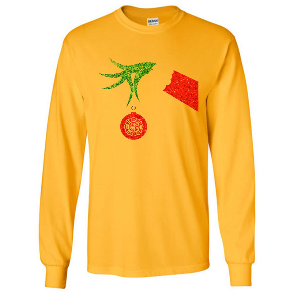 Funny Grinch Hand holding Firefighter ornament Christmas Sporty T-Shirt - Long Sleeve T-Shirt