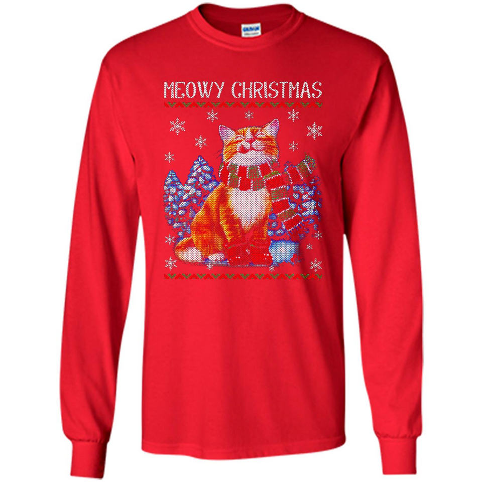 Christmas Ugly Sweater Cat With Christmas Meowy Chritstmas - Long Sleeve T-Shirt