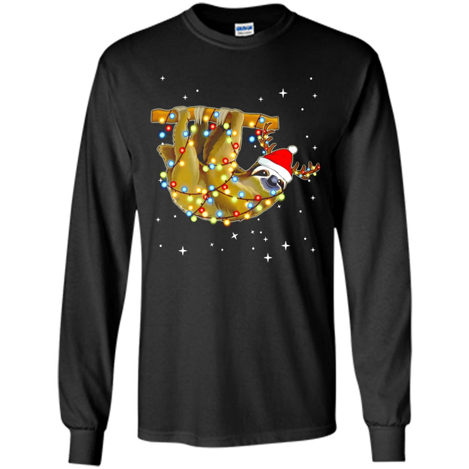 Christmas Lights Sloth Wearing Santa Hat Funny Xmas - Long Sleeve T-Shirt