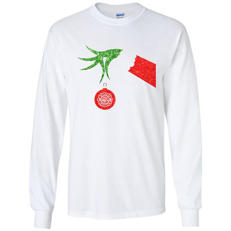 Funny Grinch Hand holding Firefighter ornament Christmas Sporty T-Shirt - Long Sleeve T-Shirt