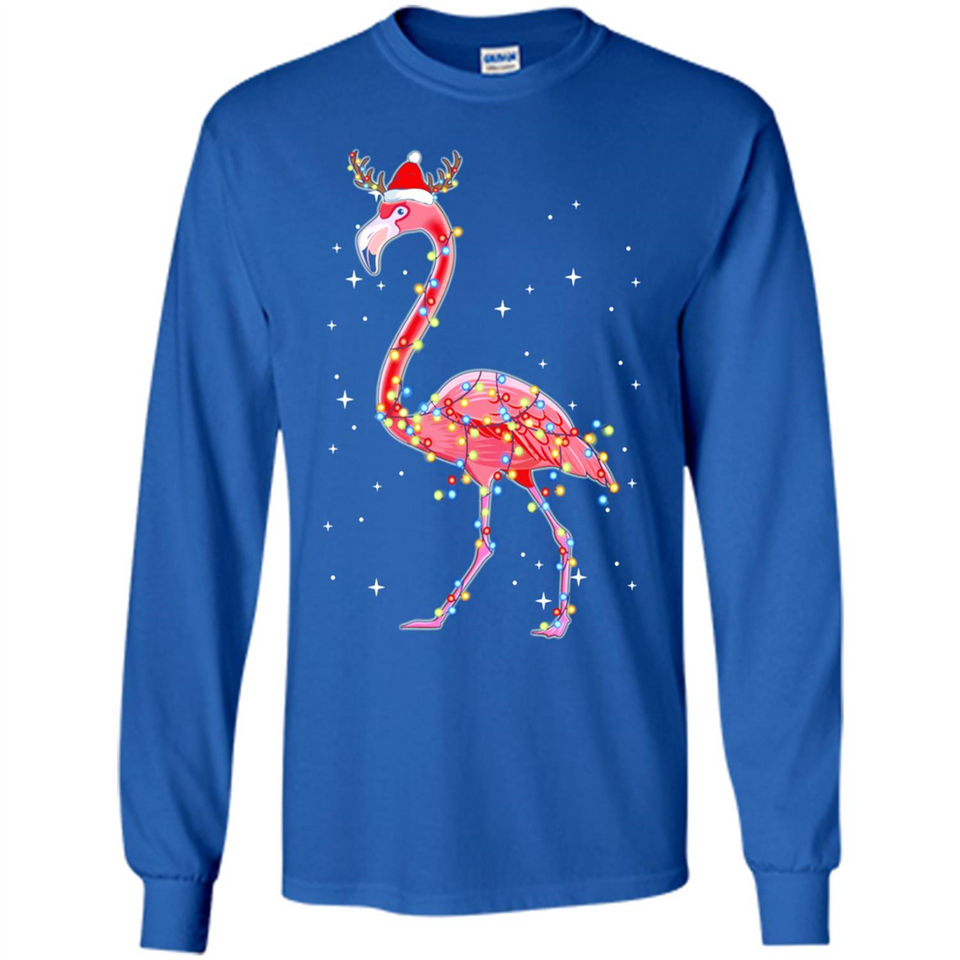 Christmas Lights Flamingo Wearing Santa Hat Funny Xmas - Long Sleeve T-Shirt