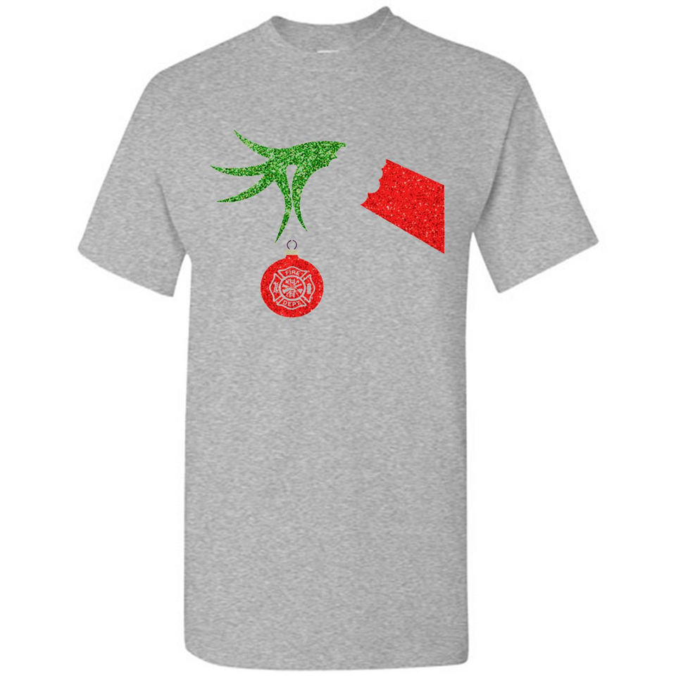 Funny Grinch Hand holding Firefighter ornament Christmas Sporty T-Shirt - Shirt