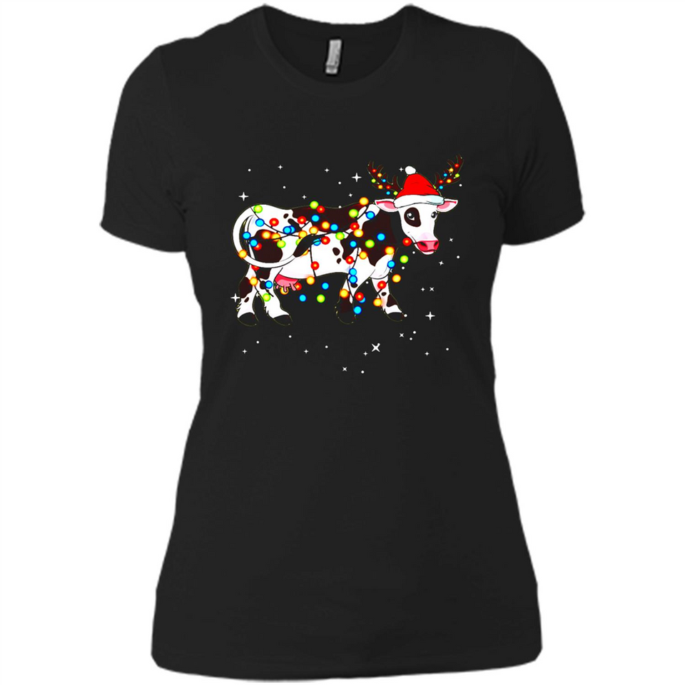 Christmas Lights Cow Wearing Santa Hat Funny Xmas Sweatshirt - Ladies' Boyfriend T-Shirt