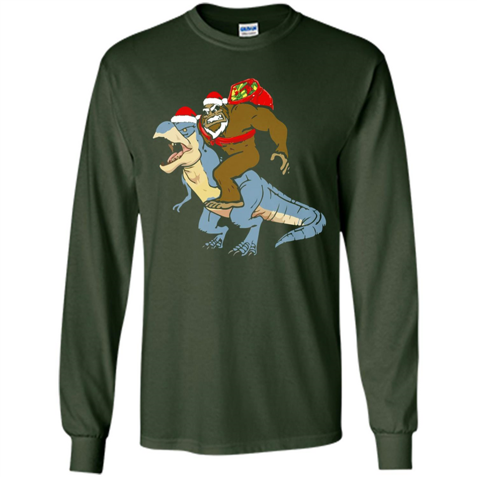 Bigfoot Riding Dinosaurus T-Shirt Funny Bigfoot Santa - Long Sleeve T-Shirt