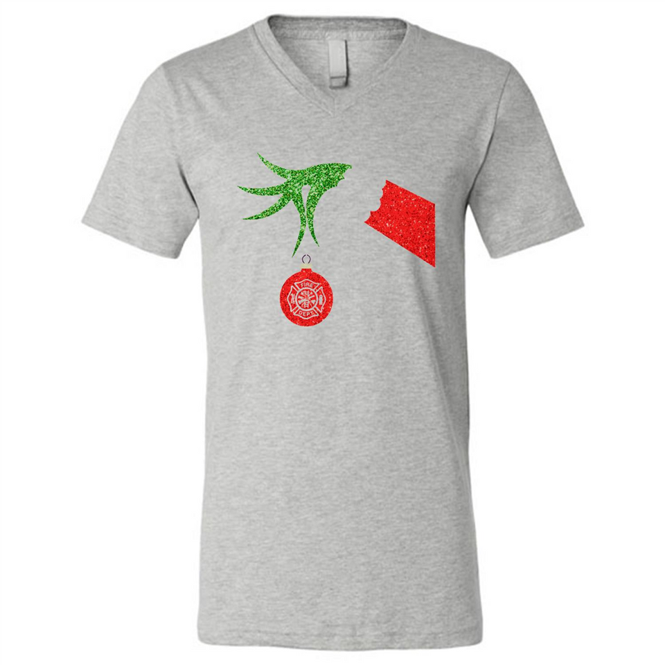 Funny Grinch Hand holding Firefighter ornament Christmas Sporty T-Shirt - Canvas Unisex V-Neck