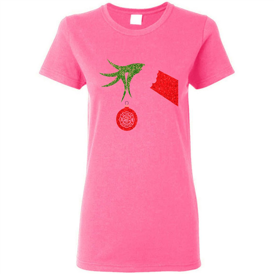 Funny Grinch Hand holding Firefighter ornament Christmas Sporty T-Shirt - Ladies Short-Sleeve