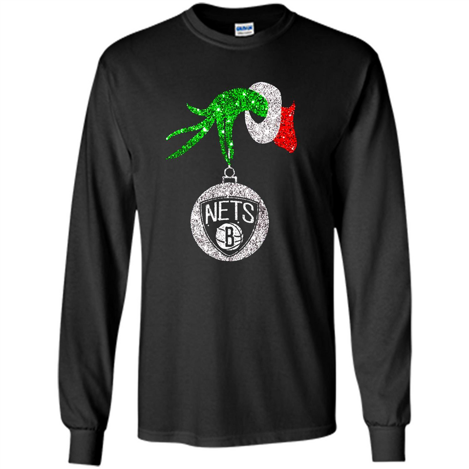 Fantastic Brooklyn Nets Glitter Grinch Monogram Ornament Christmas Gift - Long Sleeve T-Shirt