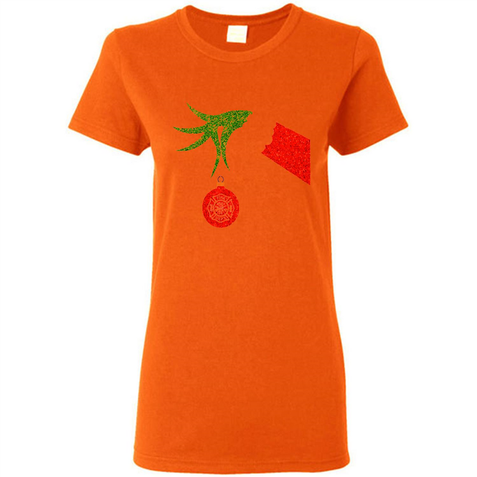 Funny Grinch Hand holding Firefighter ornament Christmas Sporty T-Shirt - Ladies Short-Sleeve