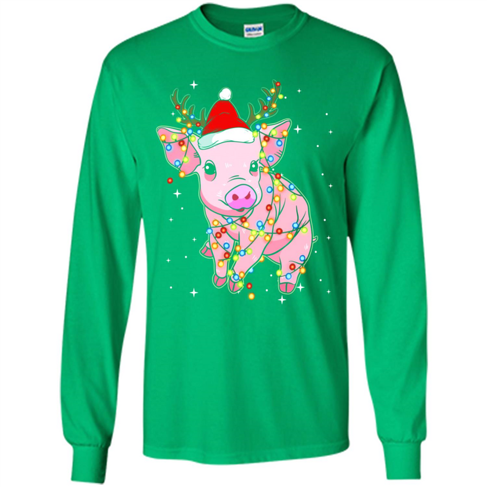 Christmas Lights Pig Wearing Santa Hat Funny Xmas - Long Sleeve T-Shirt