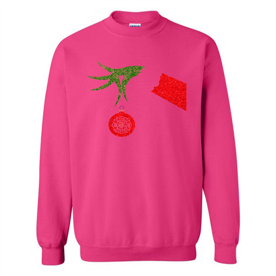 Funny Grinch Hand holding Firefighter ornament Christmas Sporty T-Shirt - Sweatshirt