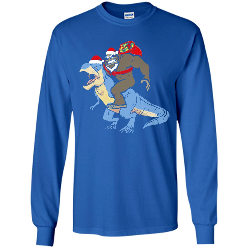 Bigfoot Riding Dinosaurus T-Shirt Funny Bigfoot Santa - Long Sleeve T-Shirt
