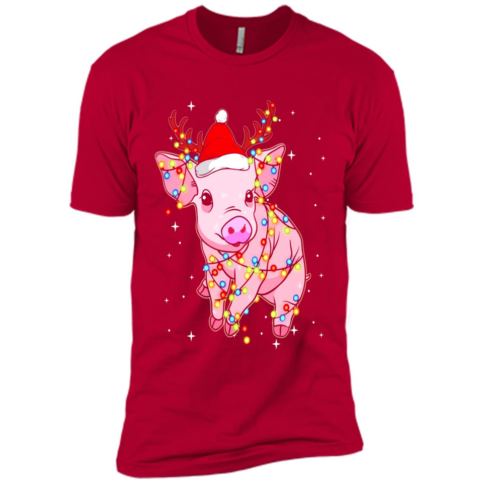 Christmas Lights Pig Wearing Santa Hat Funny Xmas - Premium Short Sleeve T-Shirt