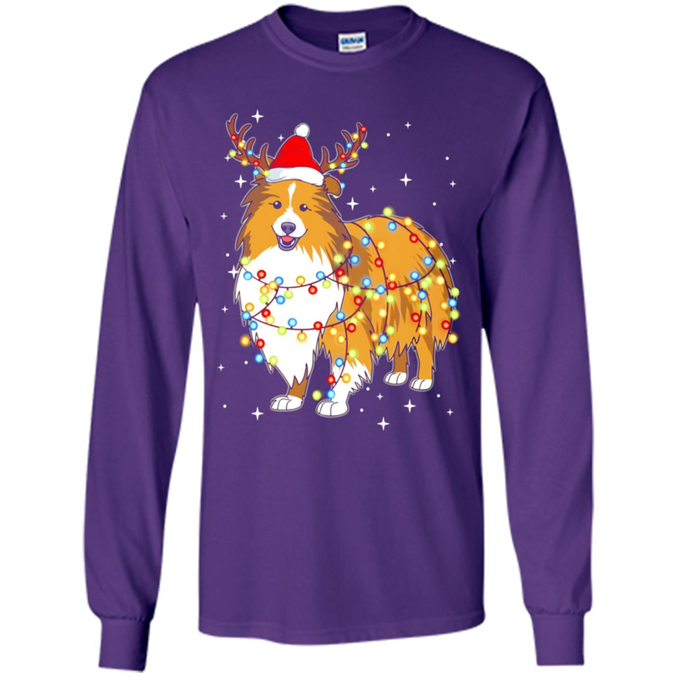 Christmas Lights Shetland Sheepdog Wearing Santa Hat Funny Xmas - Long Sleeve T-Shirt