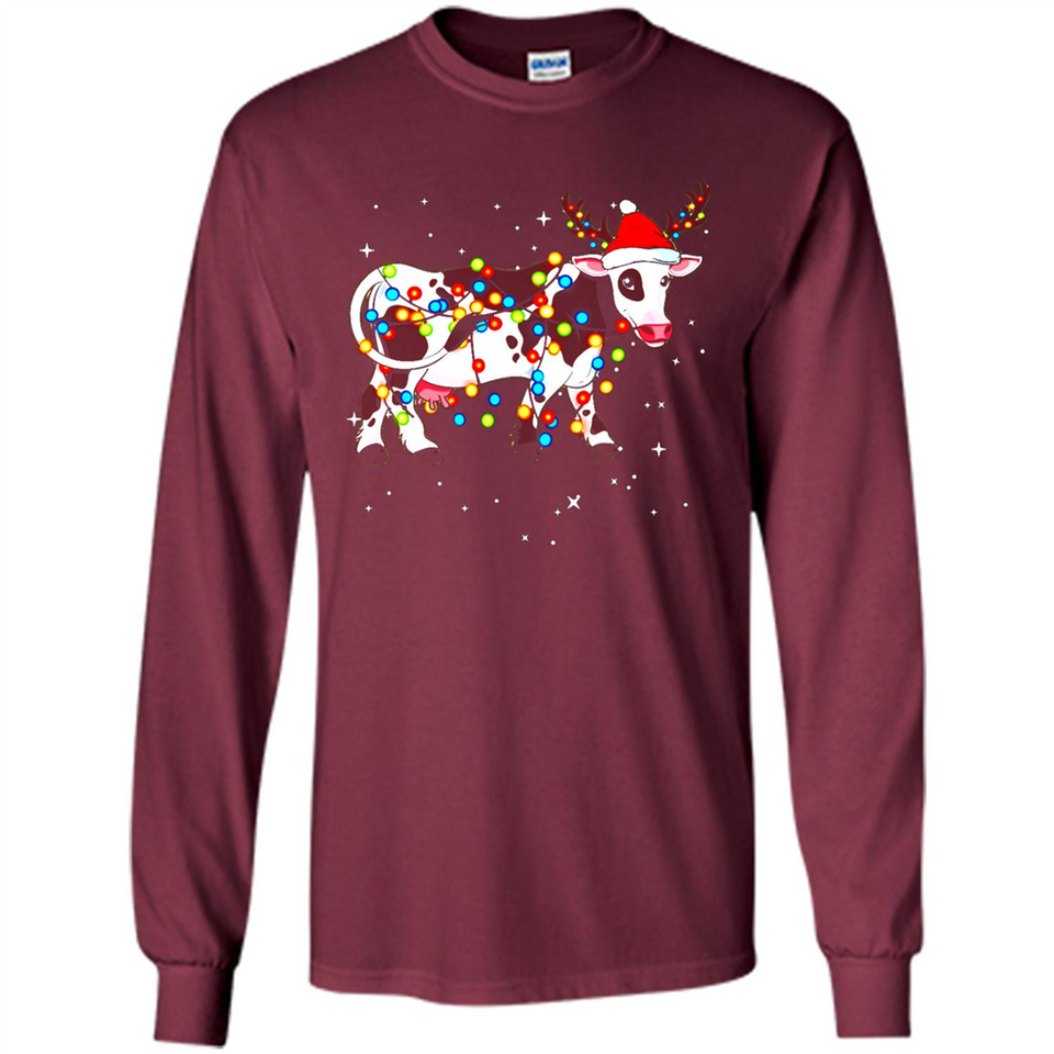 Christmas Lights Cow Wearing Santa Hat Funny Xmas Sweatshirt - Long Sleeve T-Shirt