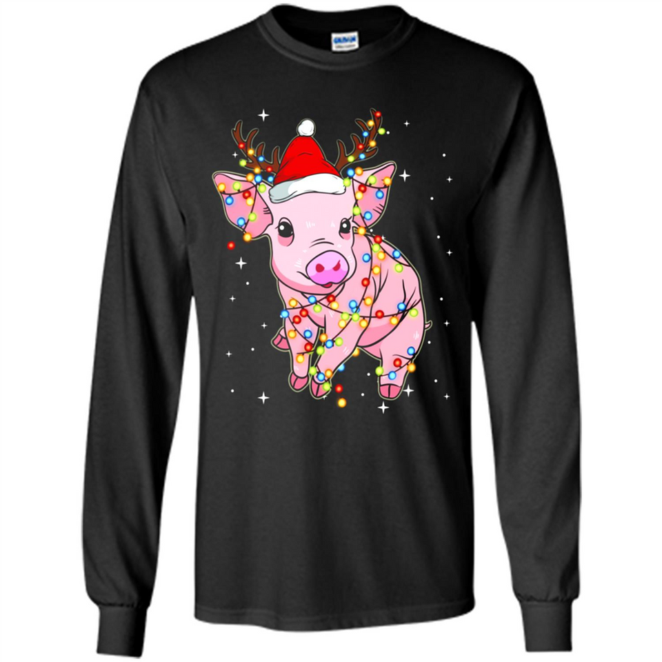 Christmas Lights Pig Wearing Santa Hat Funny Xmas - Long Sleeve T-Shirt
