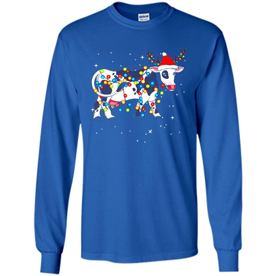 Christmas Lights Cow Wearing Santa Hat Funny Xmas Sweatshirt - Long Sleeve T-Shirt