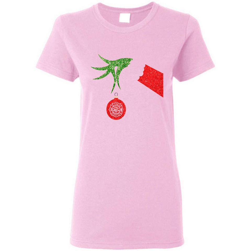 Funny Grinch Hand holding Firefighter ornament Christmas Sporty T-Shirt - Ladies Short-Sleeve