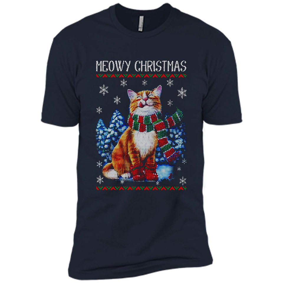 Christmas Ugly Sweater Cat With Christmas Meowy Chritstmas - Premium Short Sleeve T-Shirt
