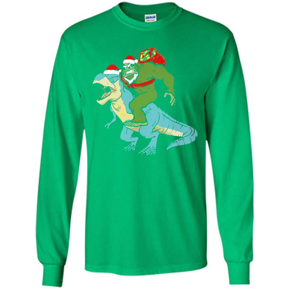 Bigfoot Riding Dinosaurus T-Shirt Funny Bigfoot Santa - Long Sleeve T-Shirt