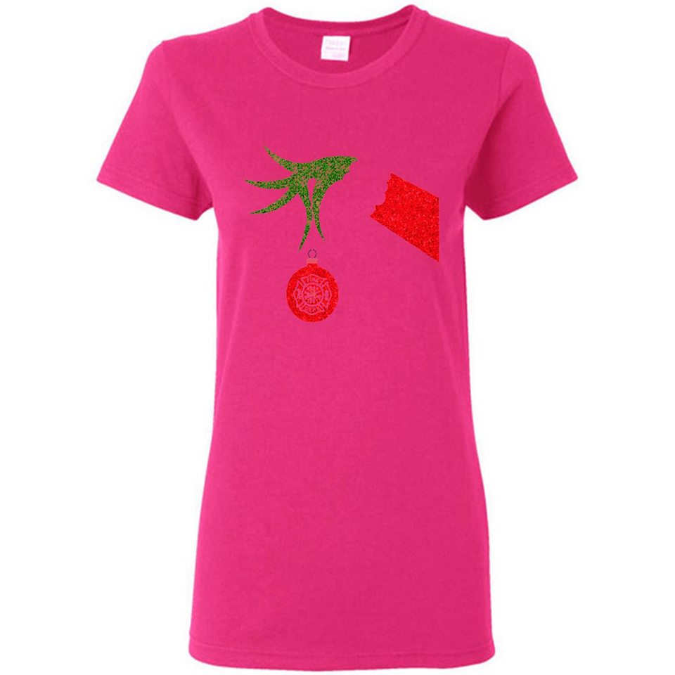 Funny Grinch Hand holding Firefighter ornament Christmas Sporty T-Shirt - Ladies Short-Sleeve