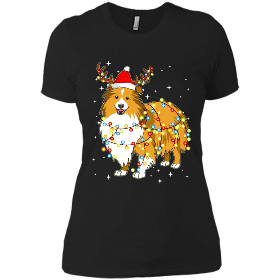 Christmas Lights Shetland Sheepdog Wearing Santa Hat Funny Xmas - Ladies' Boyfriend T-Shirt