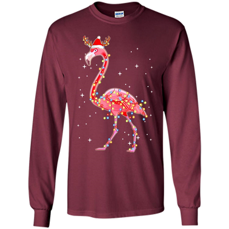Christmas Lights Flamingo Wearing Santa Hat Funny Xmas - Long Sleeve T-Shirt