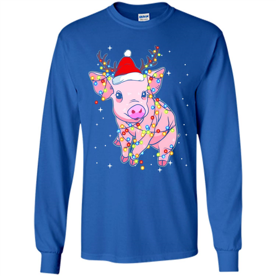 Christmas Lights Pig Wearing Santa Hat Funny Xmas - Long Sleeve T-Shirt
