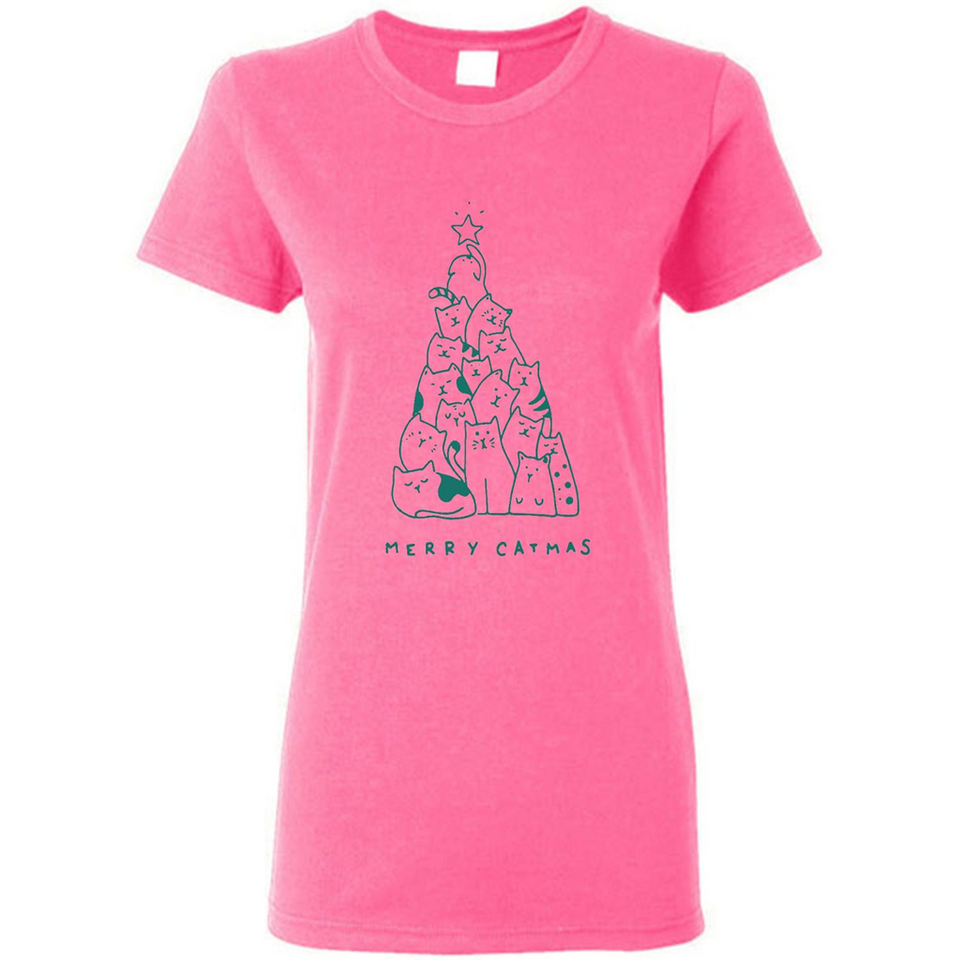 Merry Catmas Funny Cat Christmas Tree Sweatshirt - Ladies Short-Sleeve