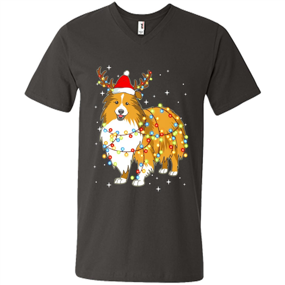 Christmas Lights Shetland Sheepdog Wearing Santa Hat Funny Xmas - Men's V-Neck