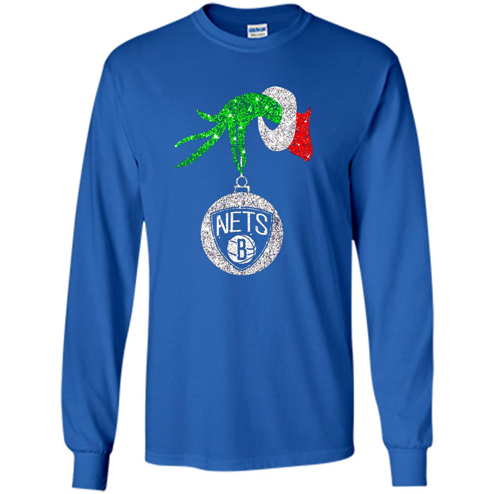 Fantastic Brooklyn Nets Glitter Grinch Monogram Ornament Christmas Gift - Long Sleeve T-Shirt