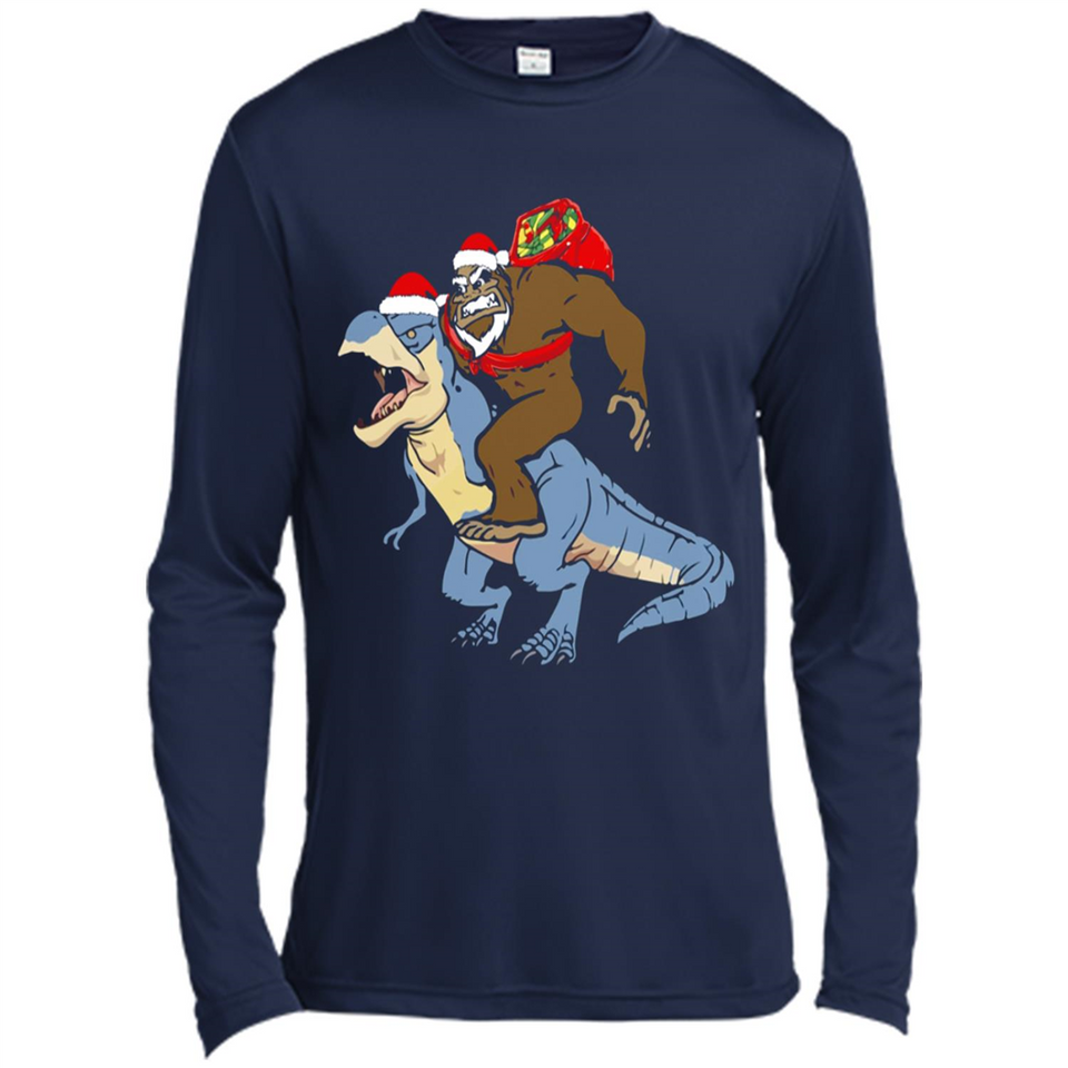 Bigfoot Riding Dinosaurus T-Shirt Funny Bigfoot Santa - Canvas Long Sleeve T-Shirt
