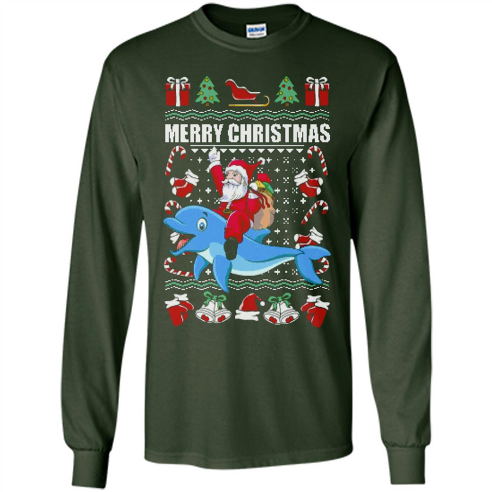 Ugly Christmas Santa Riding Dolphin - Long Sleeve T-Shirt