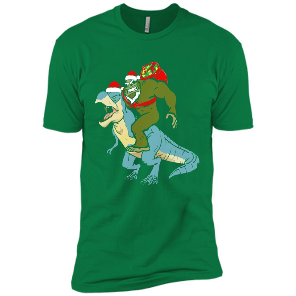 Bigfoot Riding Dinosaurus T-Shirt Funny Bigfoot Santa - Premium Short Sleeve T-Shirt