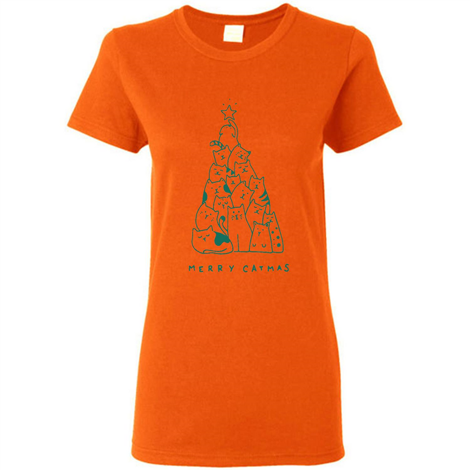Merry Catmas Funny Cat Christmas Tree Sweatshirt - Ladies Short-Sleeve